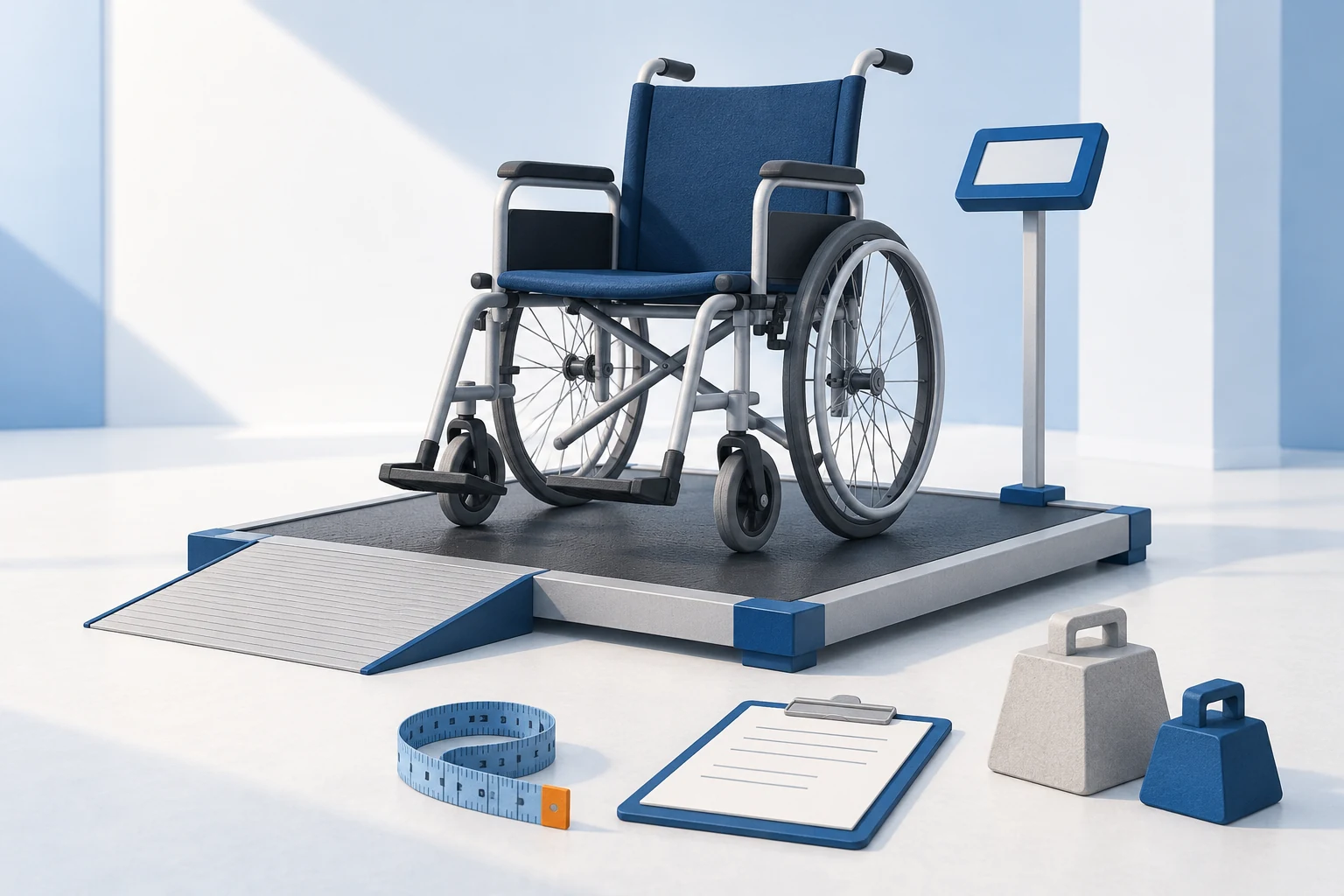 Conceptual illustration of an empty wheelchair on a broad weighing platform, with a measuring tape, clipboard and stylized weights beside it.