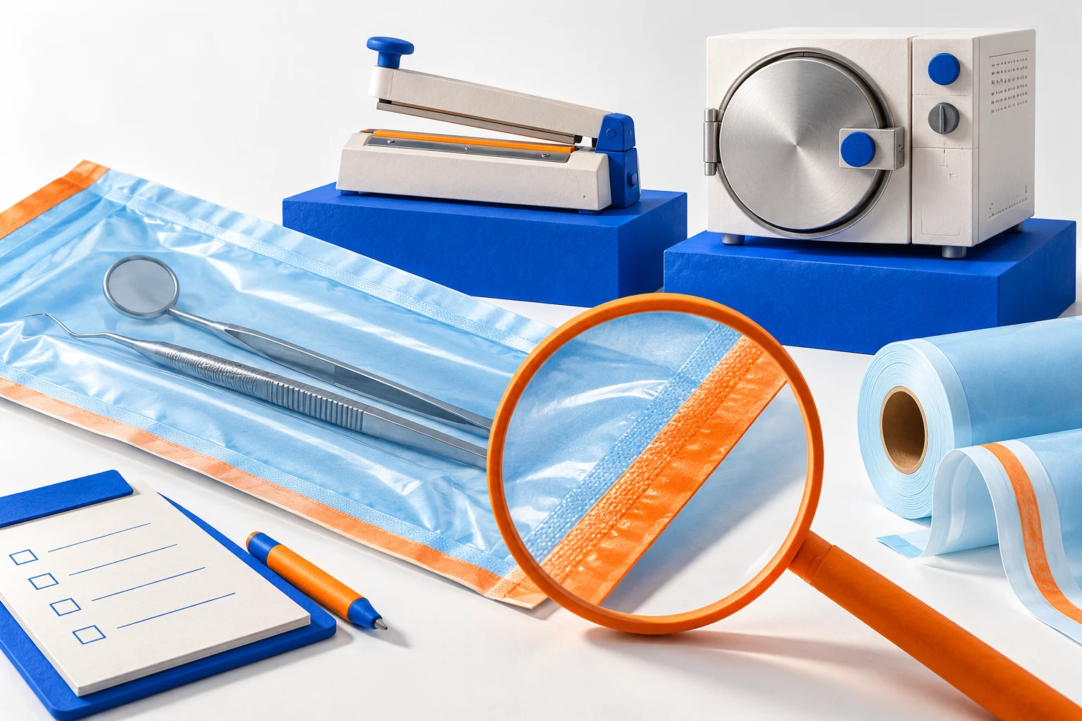 Conceptual illustration of a magnifying glass highlighting an orange pouch seam, with separate stylised sealing machine and autoclave on blue plinths behind it.