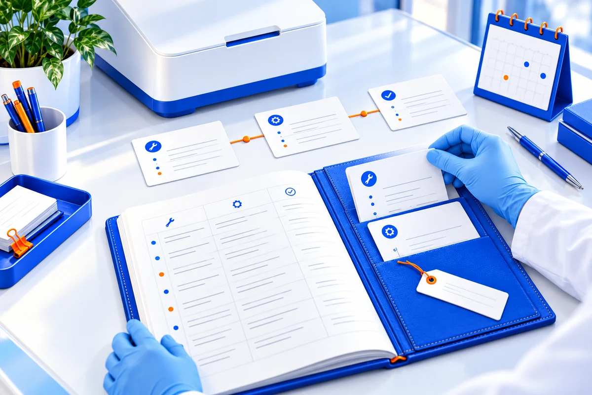 Conceptual illustration of a service logbook, document cards and a generic laboratory instrument.